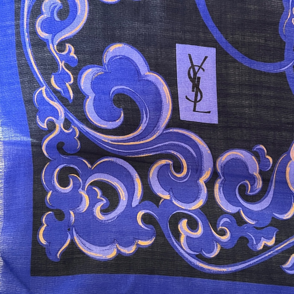 YVES SAINT LAURENT YSL Large Square Scarf Blue Black Fringe Made Italy Silk Wool - Picture 1 of 5